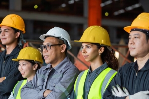 A group of five construction workers lined up next to each other. They are all wearing hard hats and other types of safety gear.