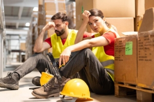 Two stressed warehouse workers sitting next to boxes. They both have hard hats lying on the ground next to them.