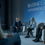 Three people sitting in chairs in front of a projection that says "business conference" while talking to an audience.