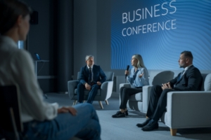Three people sitting in chairs in front of a projection that says "business conference" while talking to an audience.