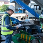 Worker in a hard hat and reflective vest inspects heavy industrial machinery while taking notes on a clipboard.
