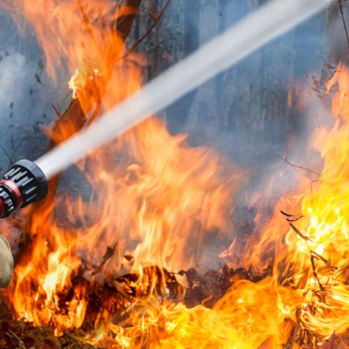 A firefighter wearing their protective gear is holding a red hose and aiming the water at an active wildfire.